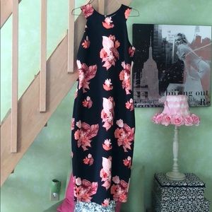 Navy blue with pink flower print midi dress